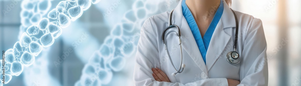 Healthcare professional with a stethoscope in a clinical setting. Healthcare professional with a stethoscope in a clinical setting.