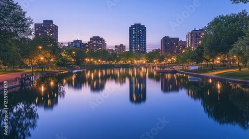 boston city skyline reflection at dusk