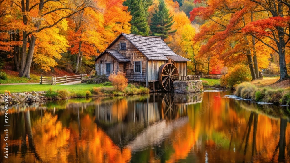 A Rustic Mill House Reflects in the Still Waters of a Stream, Surrounded by Vibrant Autumn Colors A Rustic Mill House Reflects in the Still Waters of a Stream, Surrounded by Vibrant Autumn Colors