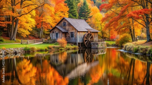 Wallpaper Mural A Rustic Mill House Reflects in the Still Waters of a Stream, Surrounded by Vibrant Autumn Colors Torontodigital.ca