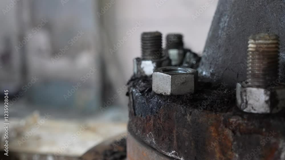 Closeup of repairman's hand installing bolts.  Worker's hand tightens nut. 
