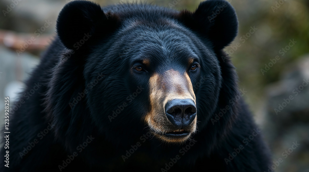 Majestic black bear staring with intense gaze in natural habitat Majestic black bear staring with intense gaze in natural habitat