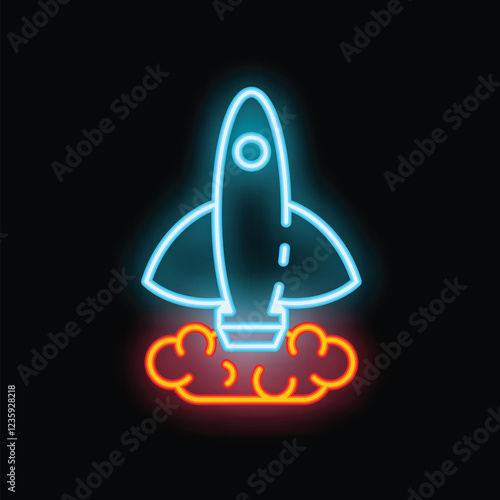 Blue neon rocket taking off leaving fire smoke trail on black background