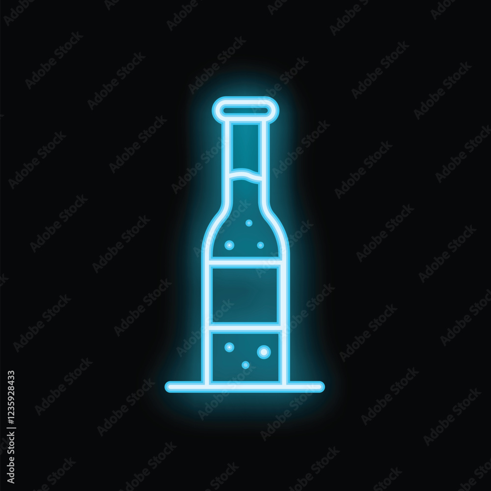 Blue neon sign showing a bottle with a sparkling drink on a black background Blue neon sign showing a bottle with a sparkling drink on a black background