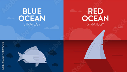 Blue ocean and red ocean strategy infographic diagram banner with icon vector, business and marketing presentation. Red has bloody mass competition and blue is niche market. Competitive market concept