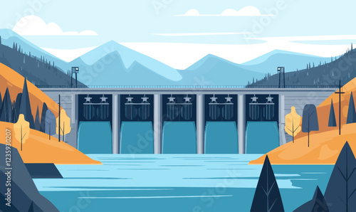 Hydroelectric Dam Cartoon Vector: Eco-Friendly Water Energy in Minimalist River Landscape
