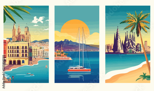 Retro Spain Travel Posters: Barcelona, Tenerife, Costa Brava Vintage Summer Illustrations