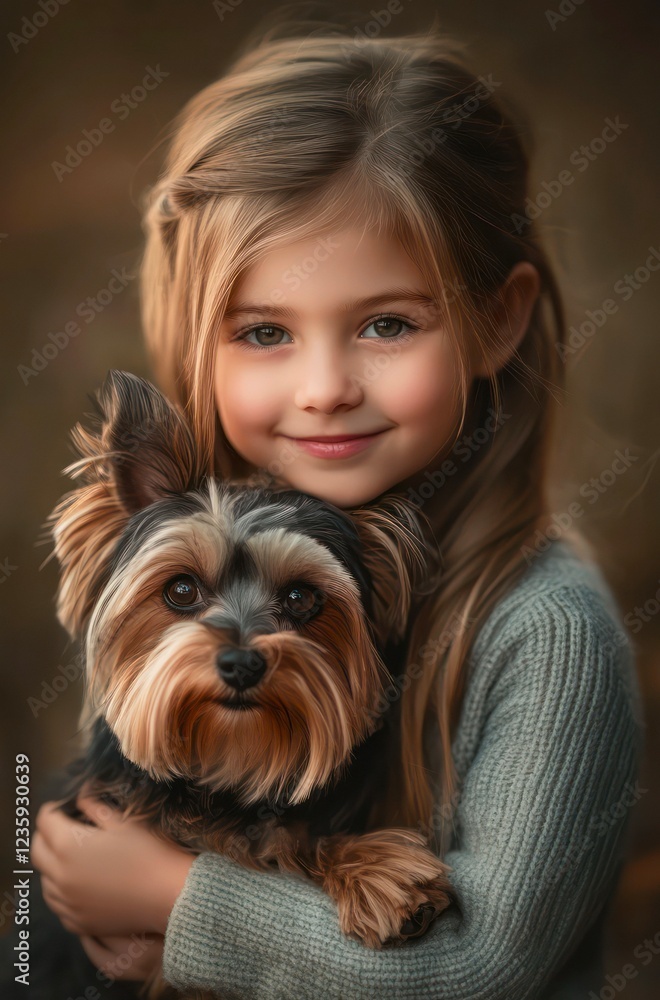 Portrait of cute little girl and her pet cute Yorkshire Terrier dog. Portrait of cute little girl and her pet cute Yorkshire Terrier dog.
