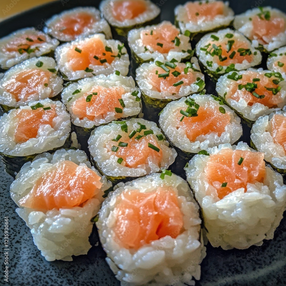 A beautiful array of fresh sushi rolls displayed elegantly, highlighting vibrant colors and textures, perfect for capturing the essence of Japanese cuisine and culinary art. A beautiful array of fresh sushi rolls displayed elegantly, highlighting vibrant colors and textures, perfect for capturing the essence of Japanese cuisine and culinary art.