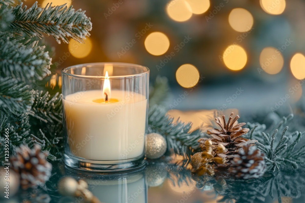 Burning Candle with Pine Cones and Festive Lights Burning Candle with Pine Cones and Festive Lights