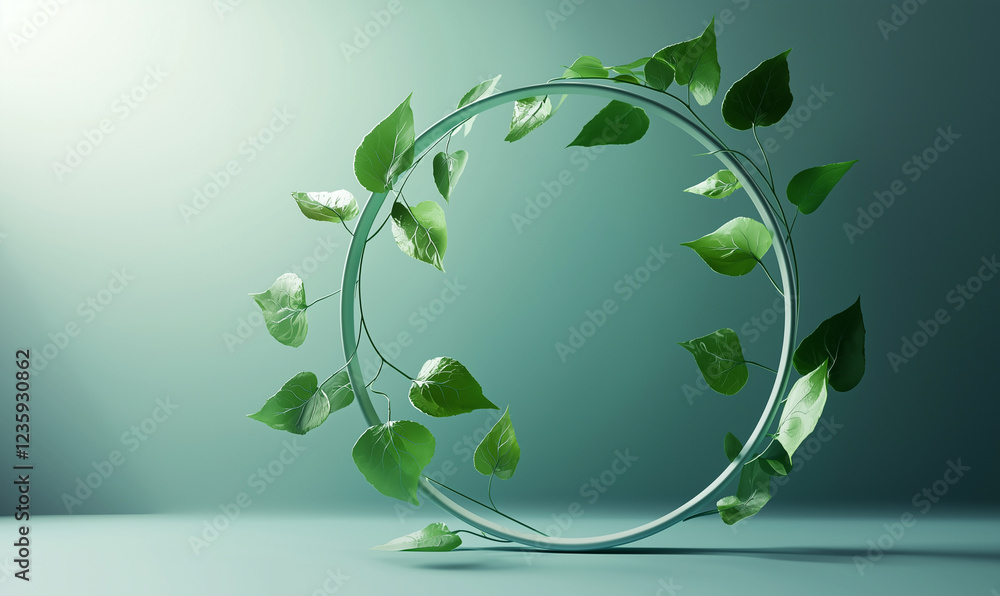 A circular arrangement of green leaves accentuates a minimalist backdrop. A circular arrangement of green leaves accentuates a minimalist backdrop.