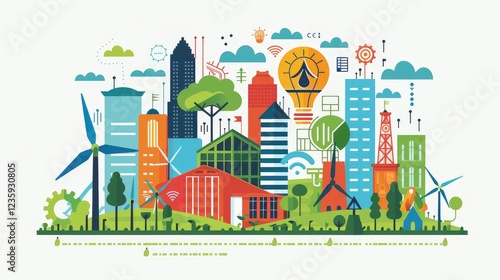 Vibrant Illustration of Sustainable Urban Development with Green Energy Sources