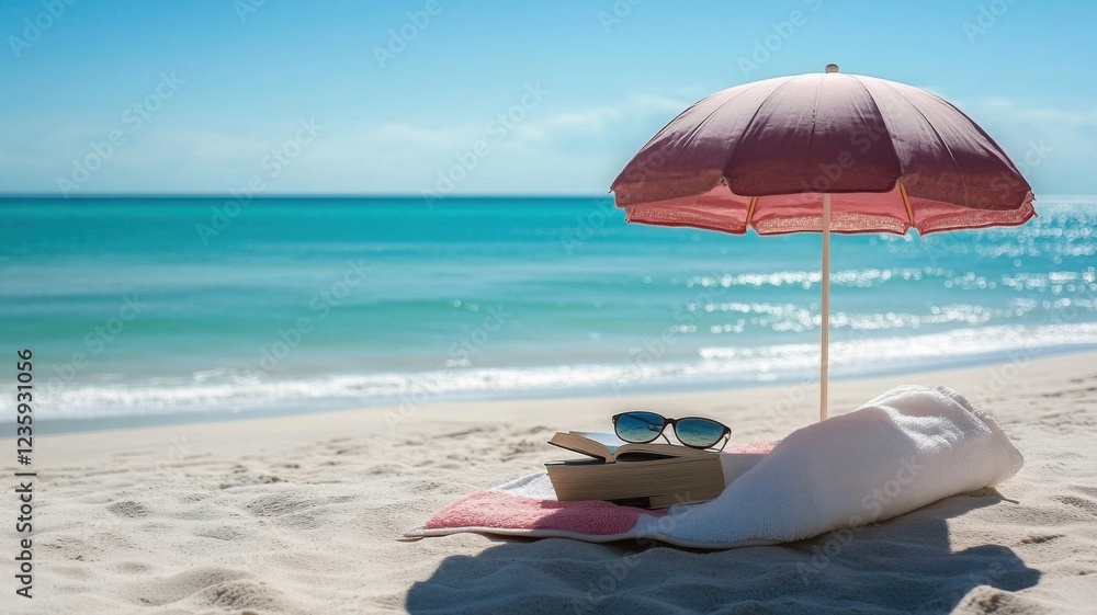 A tranquil beach scene featuring a pink umbrella, beach towel, and sunglasses set against a clear blue ocean and sunny sky. A tranquil beach scene featuring a pink umbrella, beach towel, and sunglasses set against a clear blue ocean and sunny sky.
