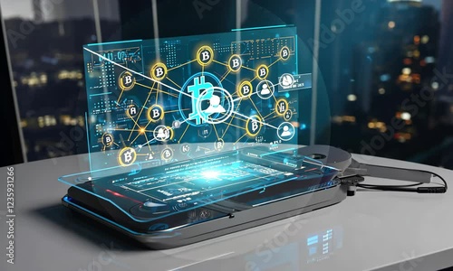 Wallpaper Mural Futuristic Bitcoin network display, city backdrop Torontodigital.ca