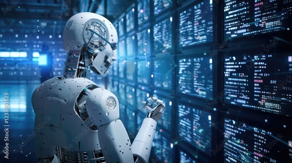 The Future of Technology: Robot Analyzing Data in a Digital Environment The Future of Technology: Robot Analyzing Data in a Digital Environment