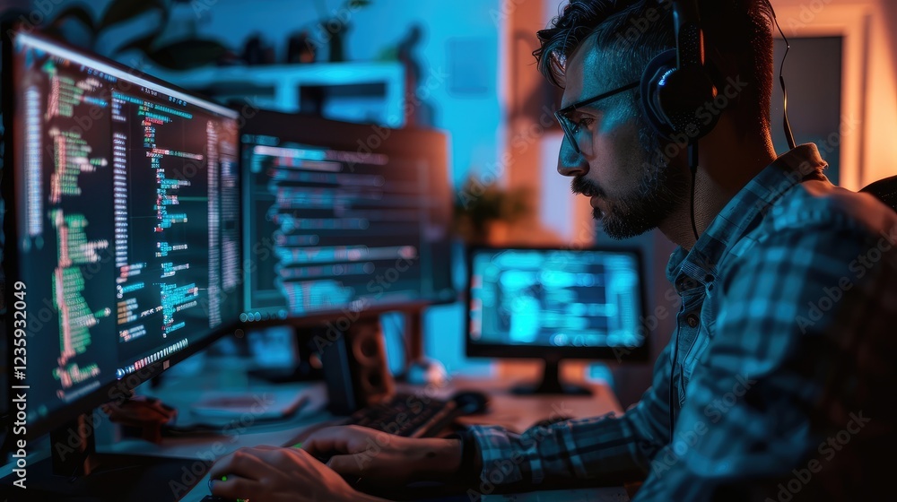 Focused Software Developer Working Late at a High-Tech Computer Setup Focused Software Developer Working Late at a High-Tech Computer Setup