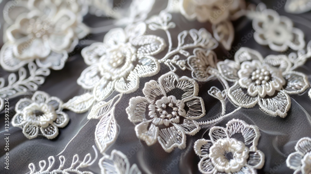 Obraz premium Elegant Floral Embroidery on Sheer Fabric for Fashion and Decor