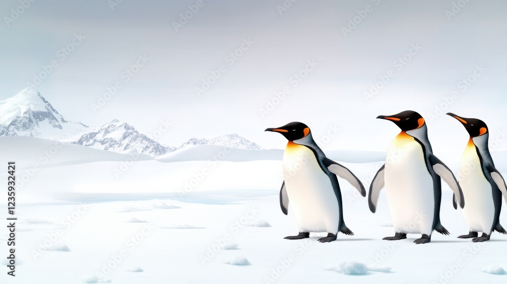 Naklejka premium Three penguins waddle across a snowy landscape, framed by distant mountains and a serene, cloudy sky.