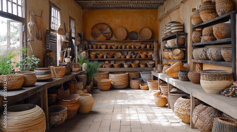A beautiful artisan workshop filled with a variety of handcrafted baskets showcasing traditional weaving techniques A beautiful artisan workshop filled with a variety of handcrafted baskets showcasing traditional weaving techniques