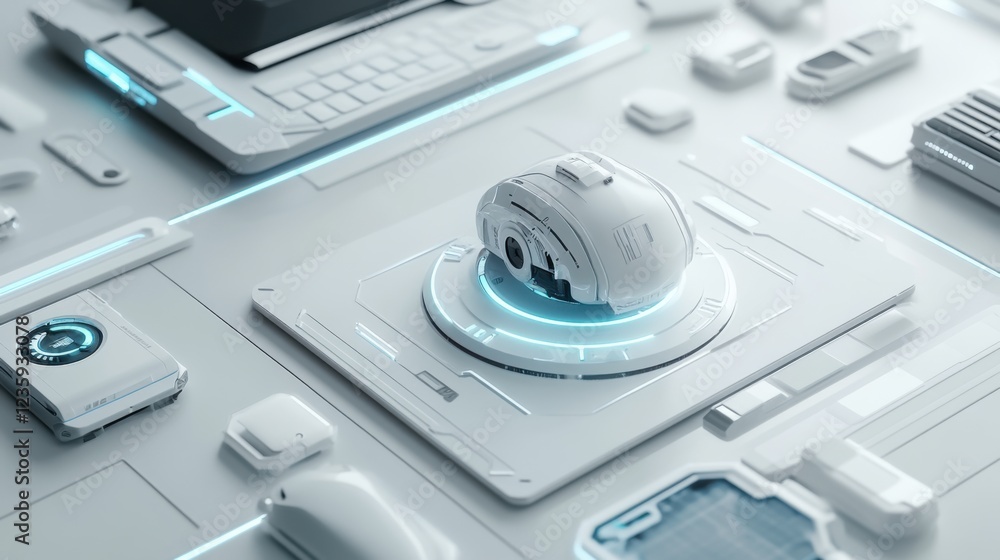 Futuristic technology workspace featuring a sleek white camera and various gadgets on a clean surface Futuristic technology workspace featuring a sleek white camera and various gadgets on a clean surface
