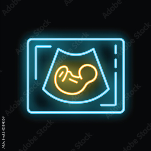 Bright neon sign showing ultrasound of a baby in the womb, on a black background