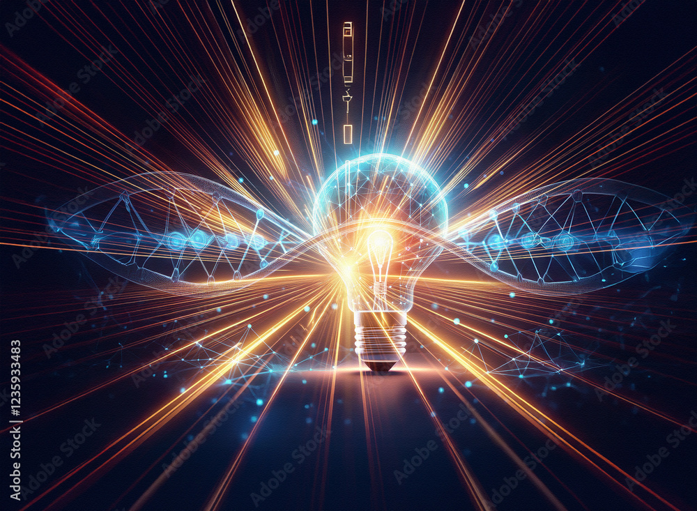 Fototapeta premium Intense golden light streaks radiate from a central point, creating a dynamic, starburst effect against a black background. The image suggests speed, energy, and movement.