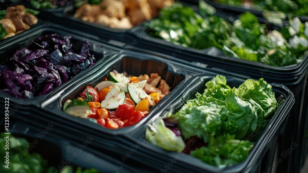 Freshly prepared vegetable salads arranged in containers, highlighting vibrant colors and textures Freshly prepared vegetable salads arranged in containers, highlighting vibrant colors and textures