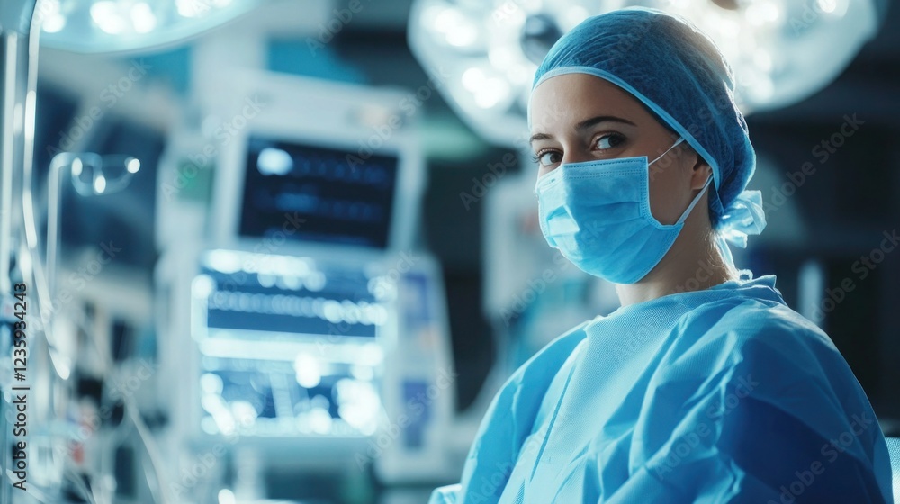Surgeon in scrubs and a mask preparing for an operation in a high-tech operating room Surgeon in scrubs and a mask preparing for an operation in a high-tech operating room