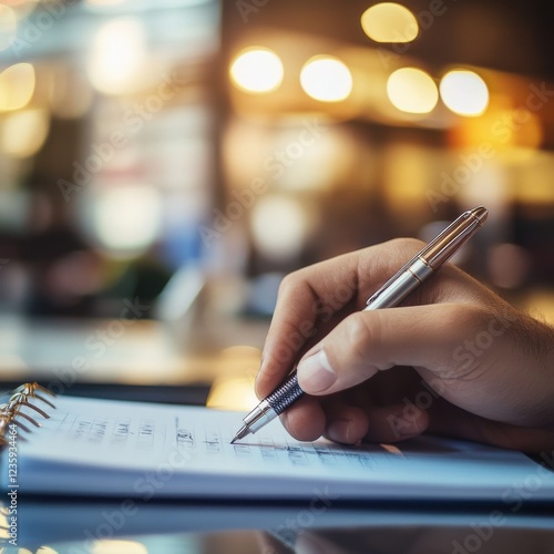 A hand is writing notes in a notebook with a pen, surrounded by a softly blurred background, suggesting a focused, creative atmosphere.
