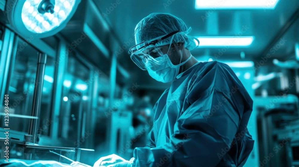 Surgeon in scrubs and a mask preparing for an operation in a high-tech operating room Surgeon in scrubs and a mask preparing for an operation in a high-tech operating room