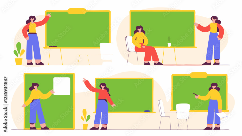 Female teacher character set. postures and poses collection, back to school background Female teacher character set. postures and poses collection, back to school background