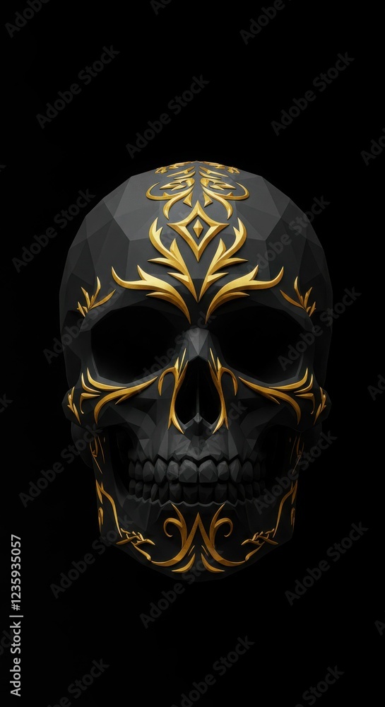Intricate black skull with gold ornamentation on black background Intricate black skull with gold ornamentation on black background