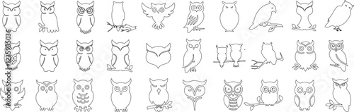 Owl vector outline set, hand drawn owl line art, minimal owls isolated design for tattoo, clipart, sketch, cartoon, artistic set, digital collection of aesthetic bird, wildlife nocturnal bird icon