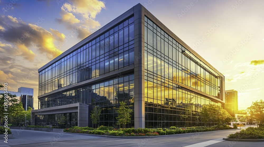 Fototapeta premium Office building glowing in golden dusk light, framed by urban skyline, evoking a sense of modern ambition and quiet reflection.