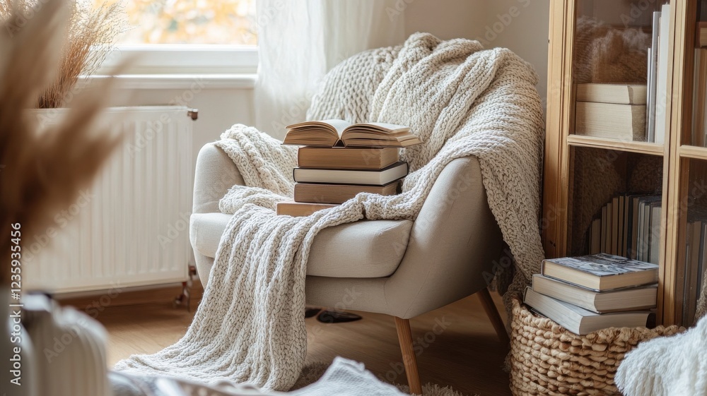 A cozy reading nook featuring a plush chair draped with a warm blanket, surrounded by books and a woven basket, perfect for a relaxing afternoon. A cozy reading nook featuring a plush chair draped with a warm blanket, surrounded by books and a woven basket, perfect for a relaxing afternoon.