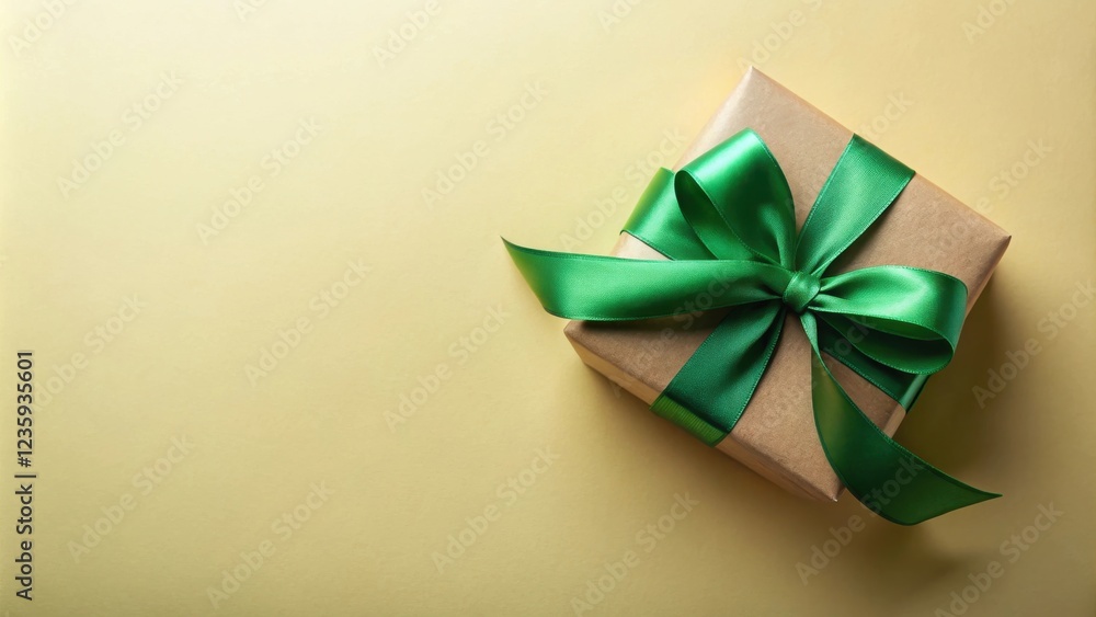 A simple brown gift box with a green ribbon tied in a bow, sitting on a light yellow background. A simple brown gift box with a green ribbon tied in a bow, sitting on a light yellow background.