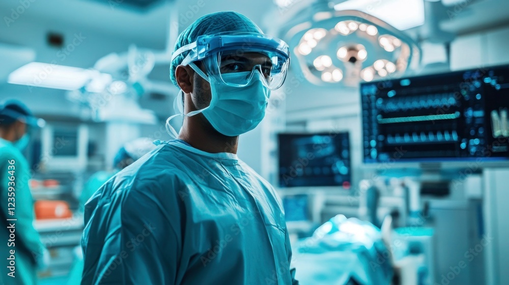 Surgeon in scrubs and a mask preparing for an operation in a high-tech operating room Surgeon in scrubs and a mask preparing for an operation in a high-tech operating room