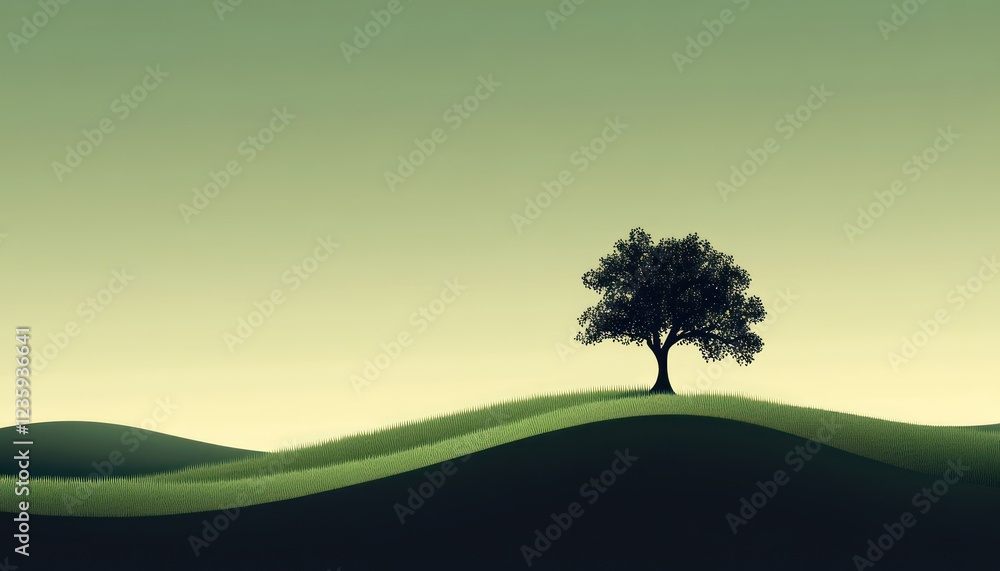 Obraz premium Solitary Tree on Rolling Green Hills Under a Calm Sky