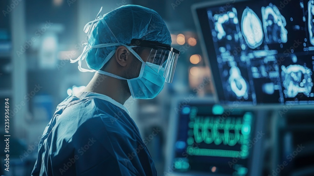 Surgeon in scrubs and a mask preparing for an operation in a high-tech operating room Surgeon in scrubs and a mask preparing for an operation in a high-tech operating room