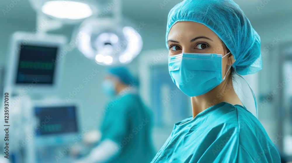 Surgeon in scrubs and a mask preparing for an operation in a high-tech operating room Surgeon in scrubs and a mask preparing for an operation in a high-tech operating room