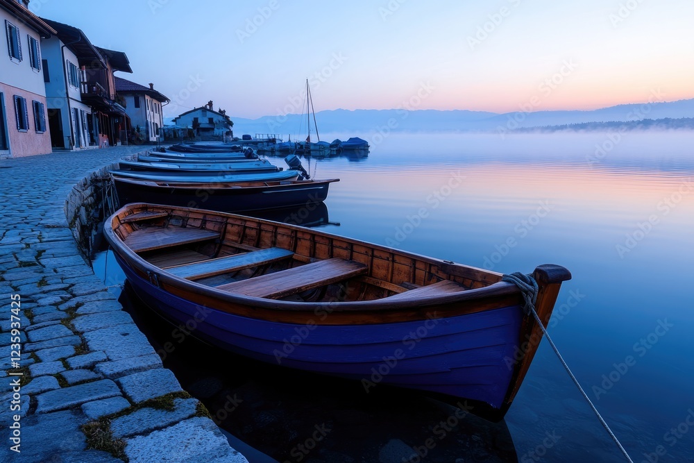 Serene Sunrise at Lakeside Village: Boats Moored at Dawn Serene Sunrise at Lakeside Village: Boats Moored at Dawn