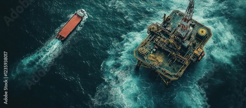 Aerial view of an oil rig and cargo ship at sea. photo