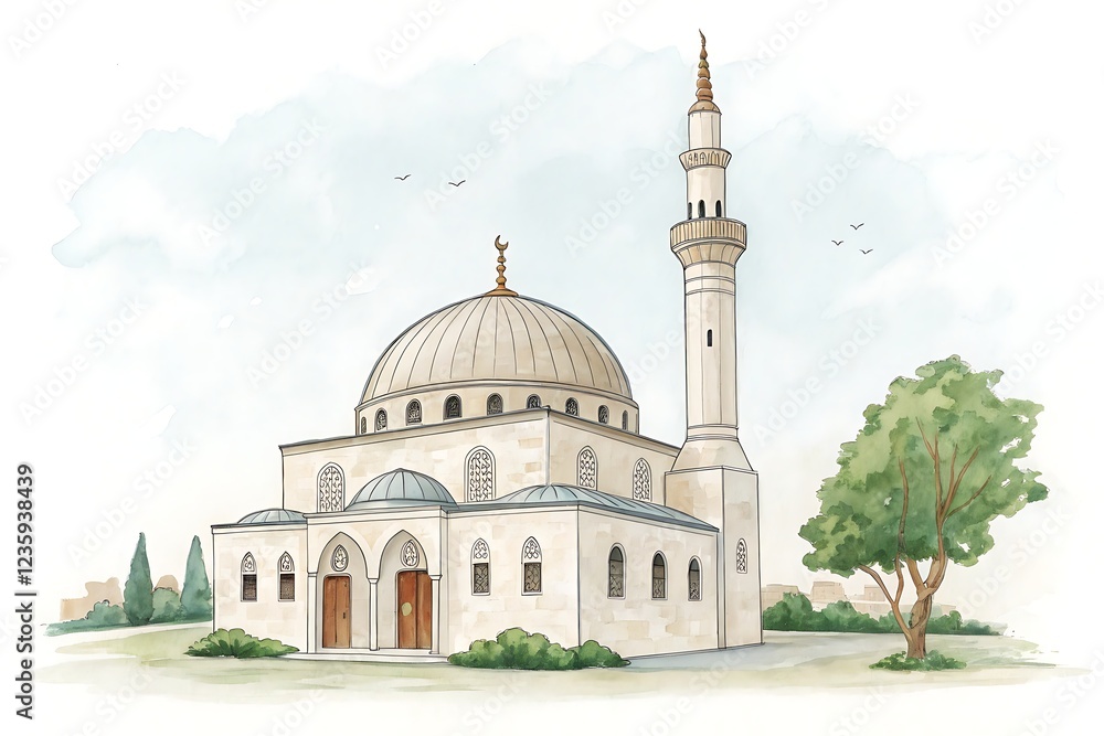 Fototapeta premium Watercolor illustration of a beautiful mosque in a serene landscape