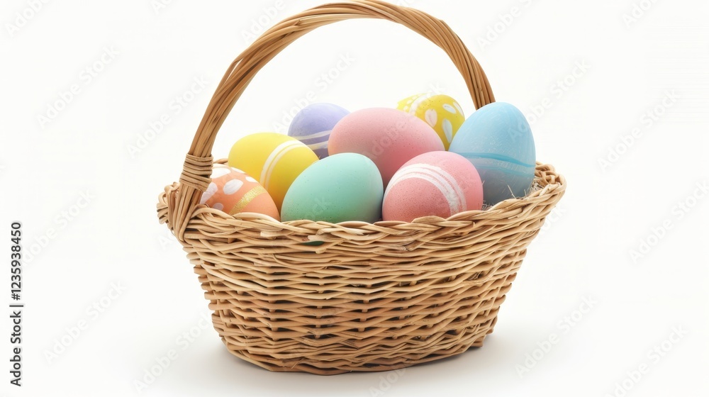 Vibrant, colorful easter eggs arranged in a charming basket on a pristine white background Vibrant, colorful easter eggs arranged in a charming basket on a pristine white background