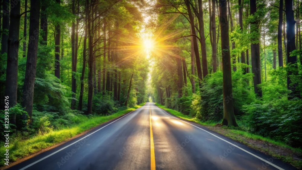 Obraz premium A long and winding road through a lush forest, bathed in the warm glow of a setting sun. The road appears to stretch into the distance, promising adventure and new beginnings.