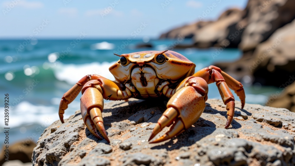 Coastal Crab on Rocky Beach Ocean Waves Background Close up View Coastal Crab on Rocky Beach Ocean Waves Background Close up View