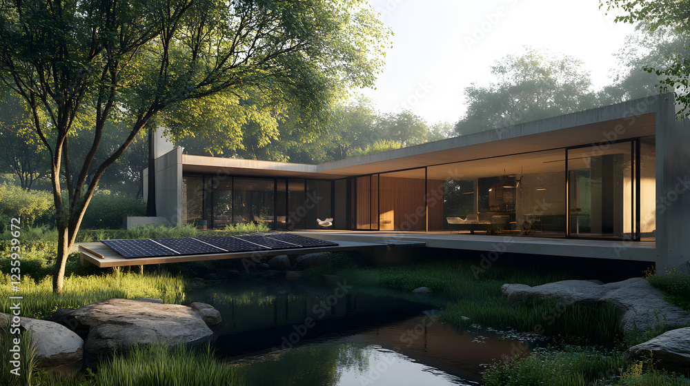 A single-family house with solar panels and a green garden, surrounded by natural beauty, emphasizing eco-conscious living. A single-family house with solar panels and a green garden, surrounded by natural beauty, emphasizing eco-conscious living.