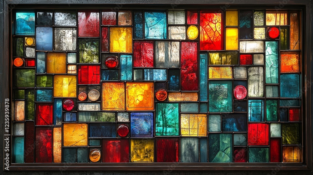 Colorful abstract stained glass art piece featuring a vibrant mosaic of various shapes and shades illuminating a wall Colorful abstract stained glass art piece featuring a vibrant mosaic of various shapes and shades illuminating a wall