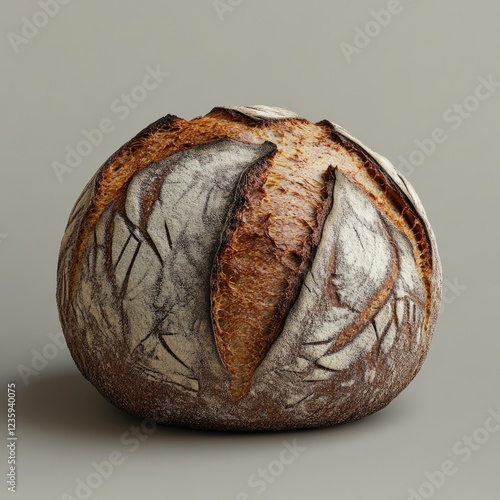 Freshly baked artisan bread showcasing a rustic crust and intricate scoring on a neutral background photo