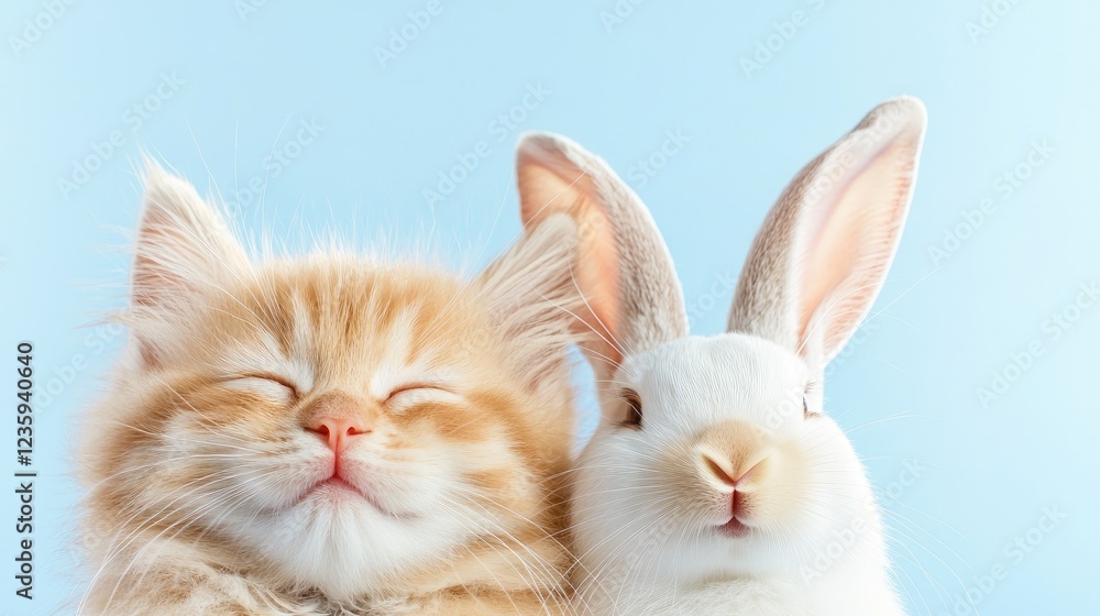 Kitten and bunny cuddling, blue background, friendship Kitten and bunny cuddling, blue background, friendship